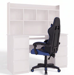 KUBA Desk with Top White + REMUS Blue Chair Set 6 Drawers