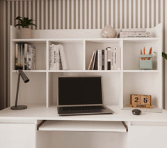 Escritorio KUBA con Estante Superior Blanco + Silla REMUS Negra Juego de 6 Cajones