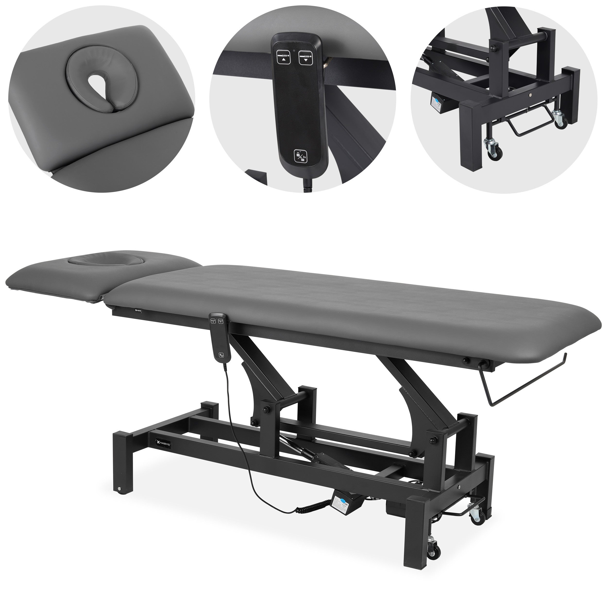 --Fortis 2 ERGO treatment table, electric height adjustment, hand remote control, ERGO face cushion, wheels, k722 Gray-