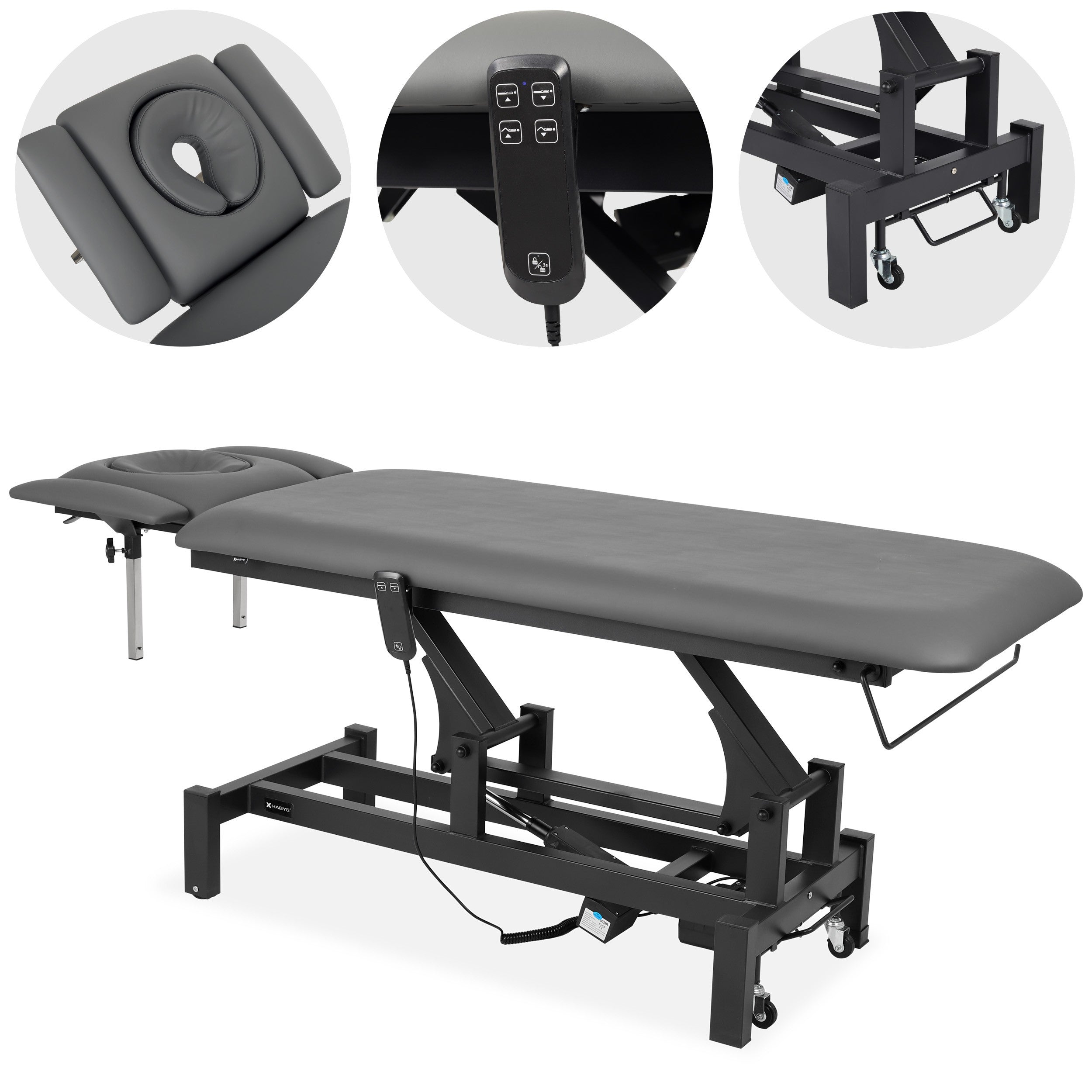 --Fortis 4 ERGO treatment table, electric height adjustment, hand remote control, ERGO face cushion, wheels, armrests k722 Gray-