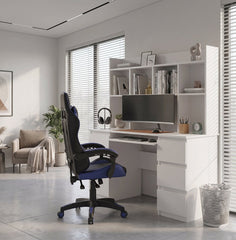 KUBA Desk with Top White + REMUS Blue Chair Set 6 Drawers