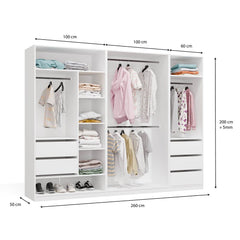OPENO Modular Wardrobe SET 260/200 WHITE Drawers Rods Shelves Large For Bedroom