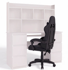 KUBA Desk with White Hutch + BLACK REMUS Chair Set of 6 Drawers