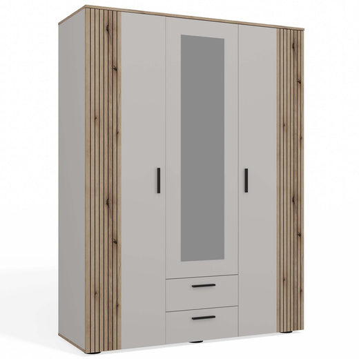 AVA 150 CM WARDROBE MIRROR 2 DRAWERS RIBBED FRONT OAK EVOKE CASHMERE BEIGE