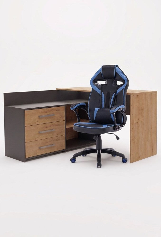 DANY Corner Desk Set ANTHRACITE / ARTISAN OAK + DRIFT BLUE Chair