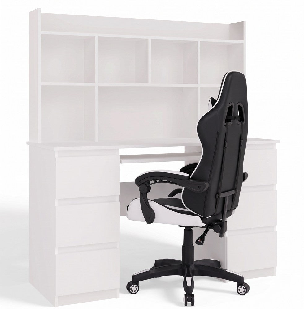 KUBA Desk with Top White + REMUS Chair White Set 6 Drawers