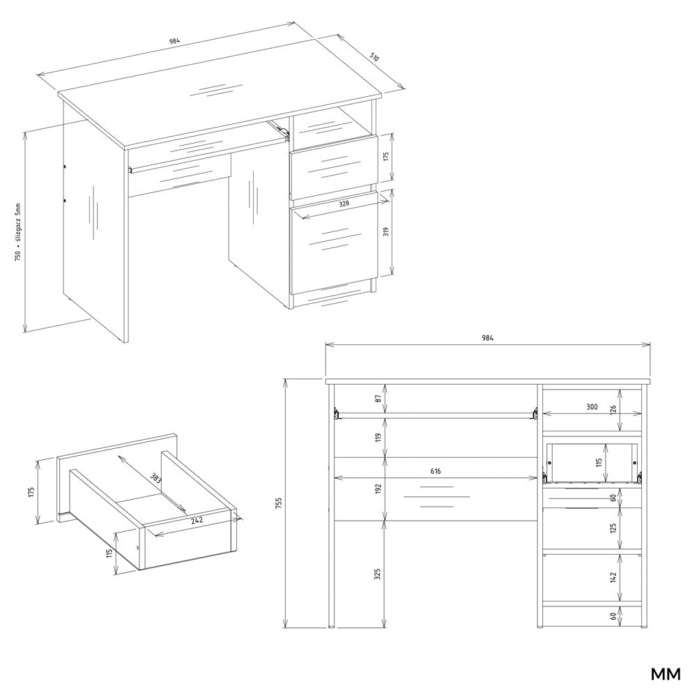 7-Biurko Komputerowe PORTO PRAWE DĄB ARTISAN / BIAŁY Z Szufladą 98,5x75x51 Cm-7