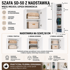 Wardrobe with Top Section SD-50 Doors Shelves MAT WHITE for Dressing Room Office Room