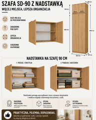 Wardrobe with Top Section SD-90 Doors Shelves OAK ARTISAN For Dressing Room Bedroom Office