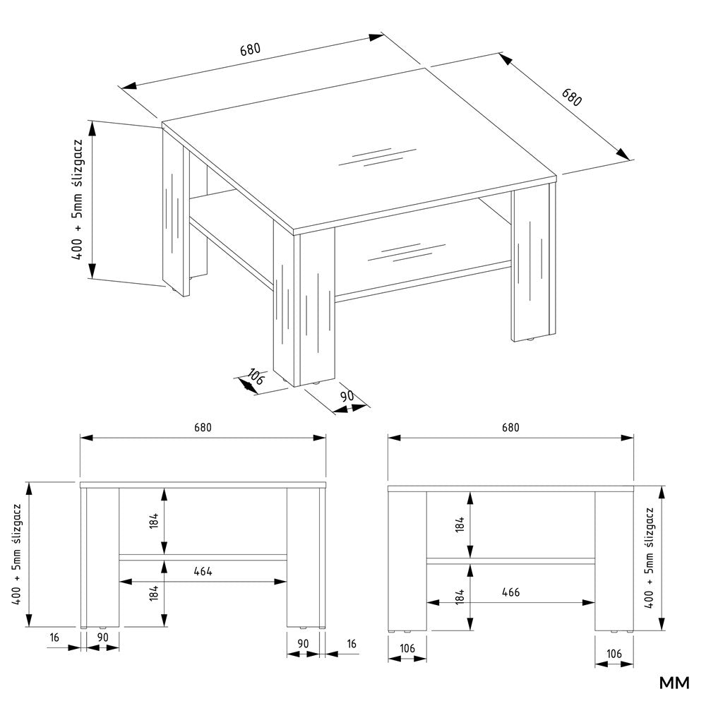 6-Stolik Kawowy Z Półką Pod Blatem SQUARE DĄB ARTISAN CZARNY Ława Do Salonu Pokoju-6