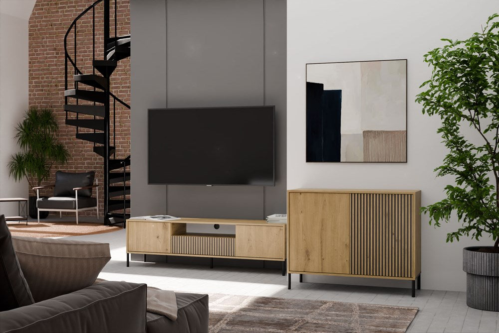 2-Komoda Front Ryflowany Szafka KAMARO 2D Slim / Gładki DĄB ARTISAN Lamele-2