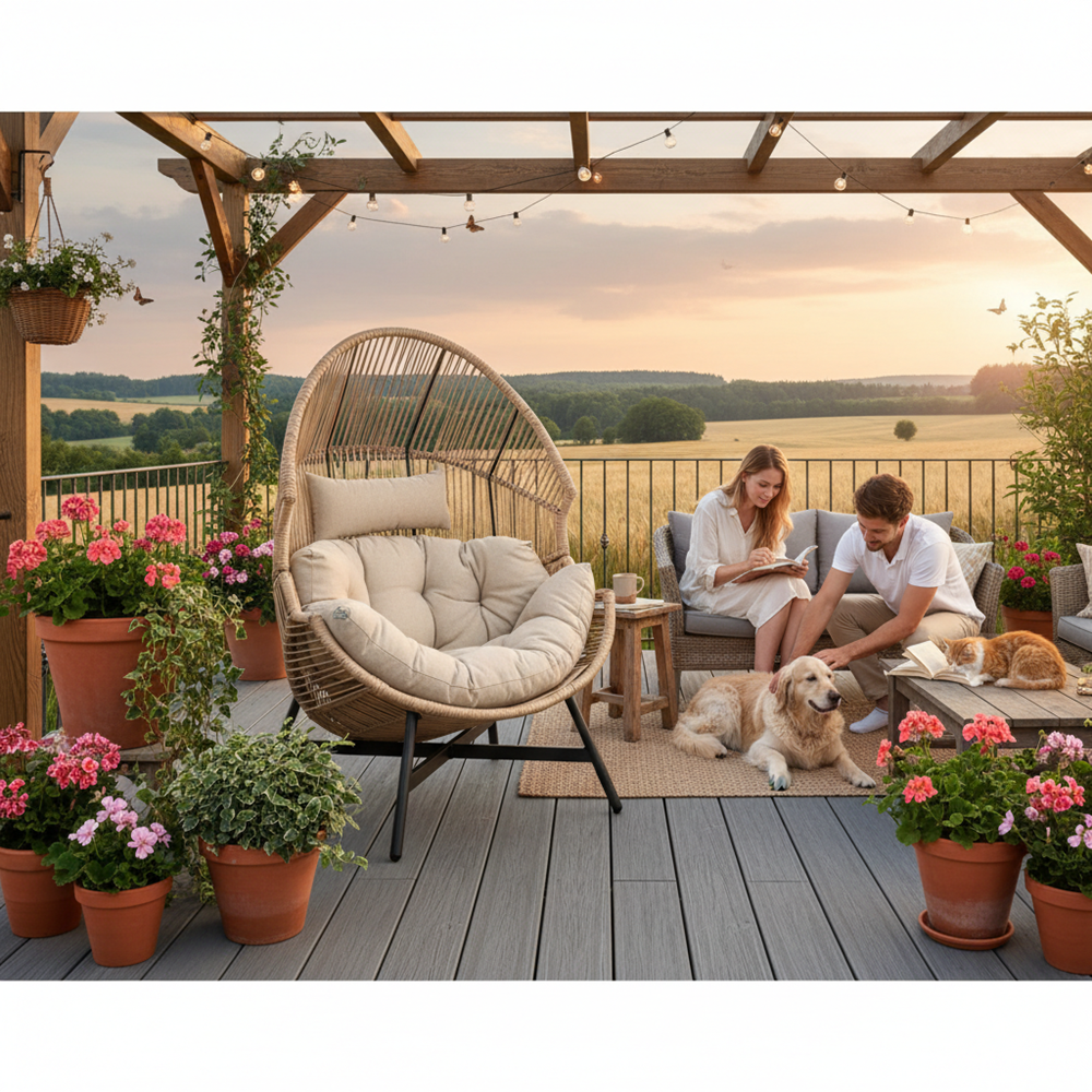 4-Fotel HOLAND Ogrodowy z Poduszką Rattanowy Stalowy 142 cm BEŻOWY-4