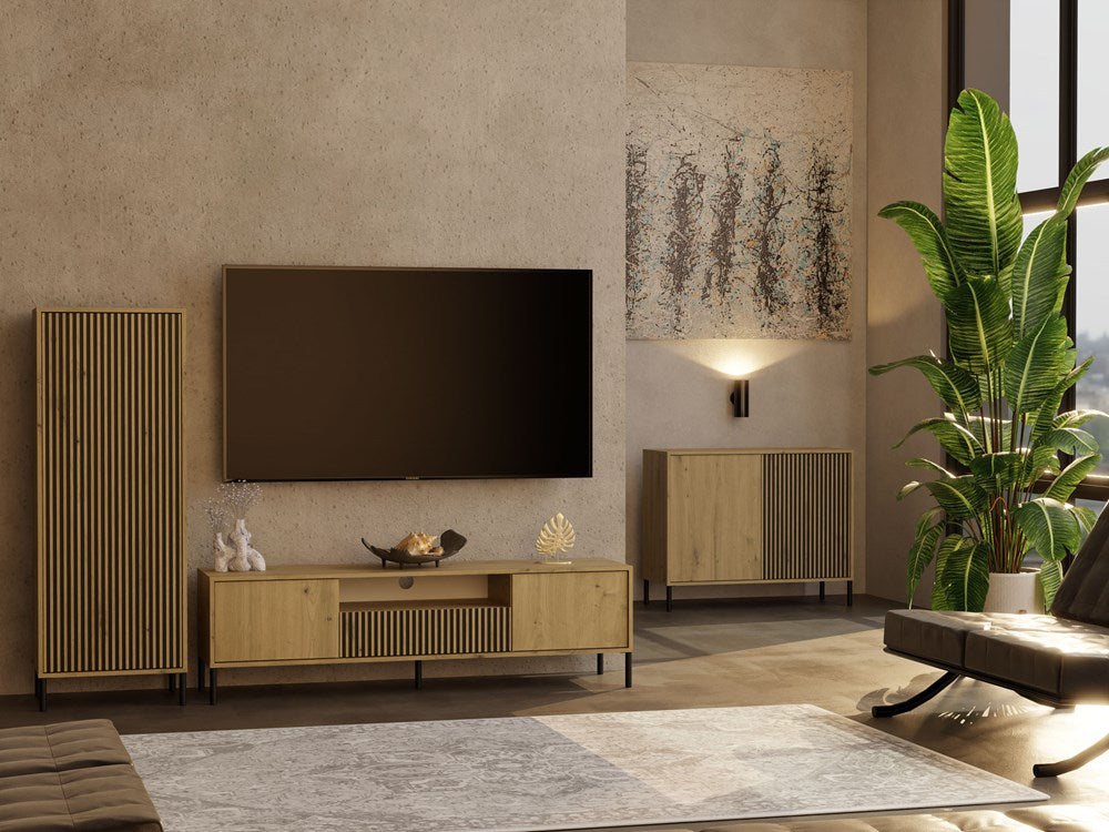 4-Komoda Front Ryflowany Szafka KAMARO 2D Slim / Gładki DĄB ARTISAN Lamele-4