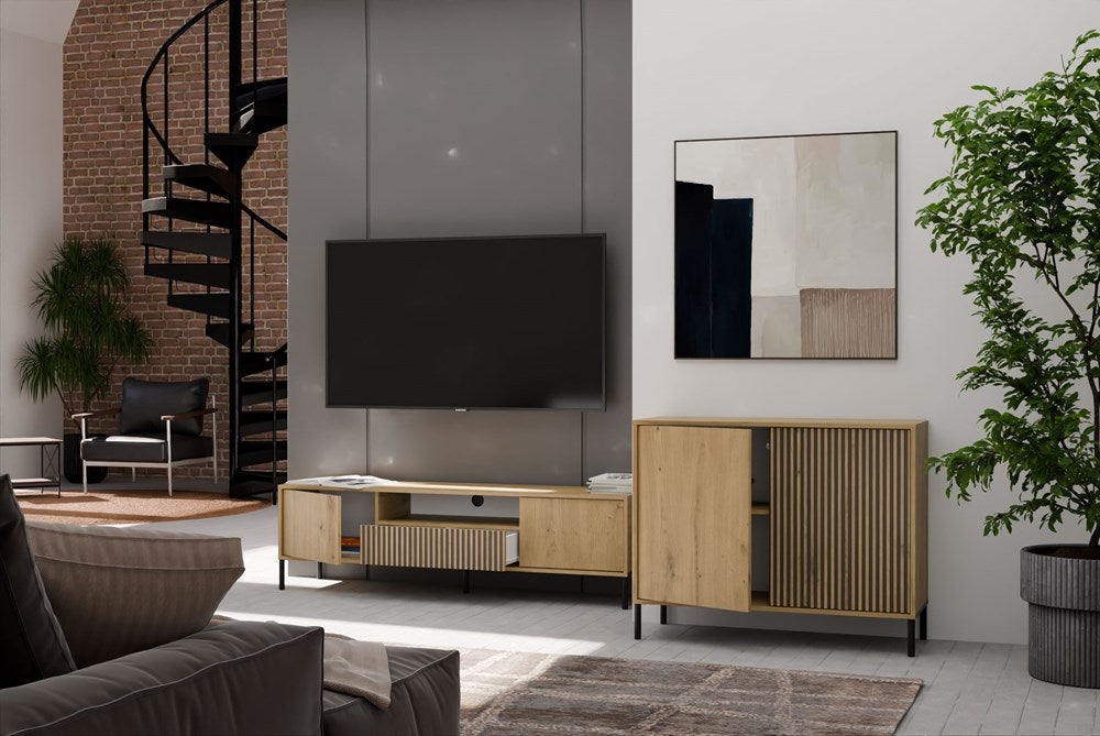 5-Komoda Front Ryflowany Szafka KAMARO 2D Slim / Gładki DĄB ARTISAN Lamele-5