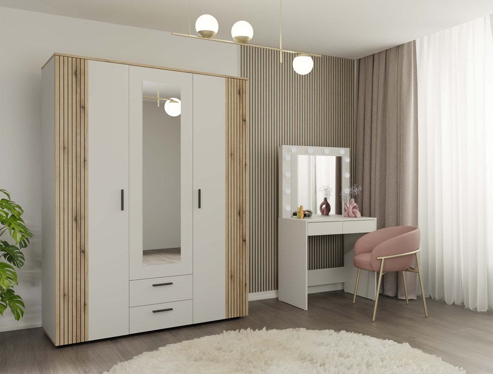 6-SZAFA AVA 150 CM LUSTRO 2 SZUFLADY RYFLOWANY FRONT DĄB EVOKE KASZMIR BEŻ-6