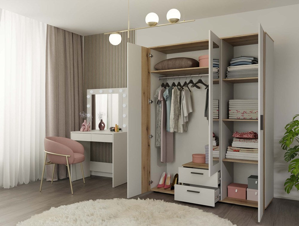 7-SZAFA AVA 150 CM LUSTRO 2 SZUFLADY RYFLOWANY FRONT DĄB EVOKE KASZMIR BEŻ-7