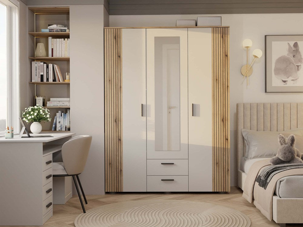 2-SZAFA AVA 150 CM LUSTRO 2 SZUFLADY RYFLOWANY FRONT DĄB EVOKE KASZMIR BEŻ-2