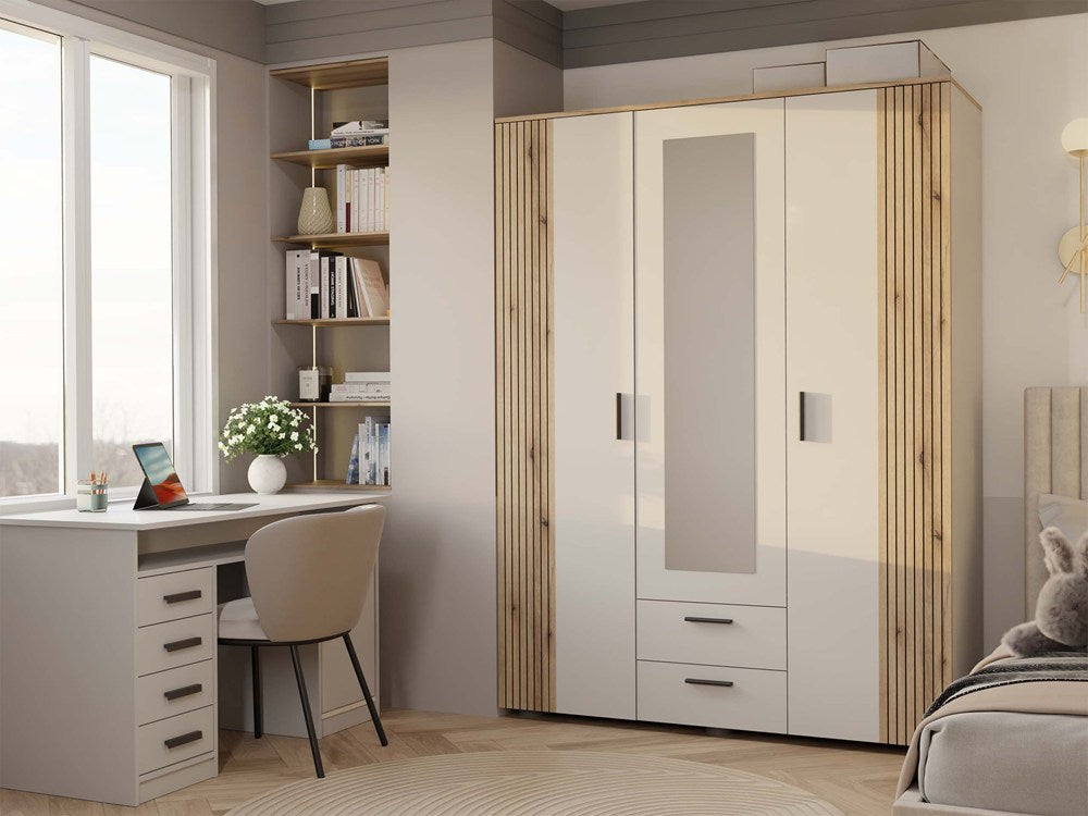 4-SZAFA AVA 150 CM LUSTRO 2 SZUFLADY RYFLOWANY FRONT DĄB EVOKE KASZMIR BEŻ-4