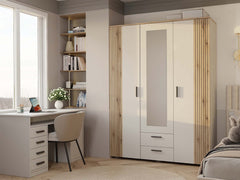 4-SZAFA AVA 150 CM LUSTRO 2 SZUFLADY RYFLOWANY FRONT DĄB EVOKE KASZMIR BEŻ-4