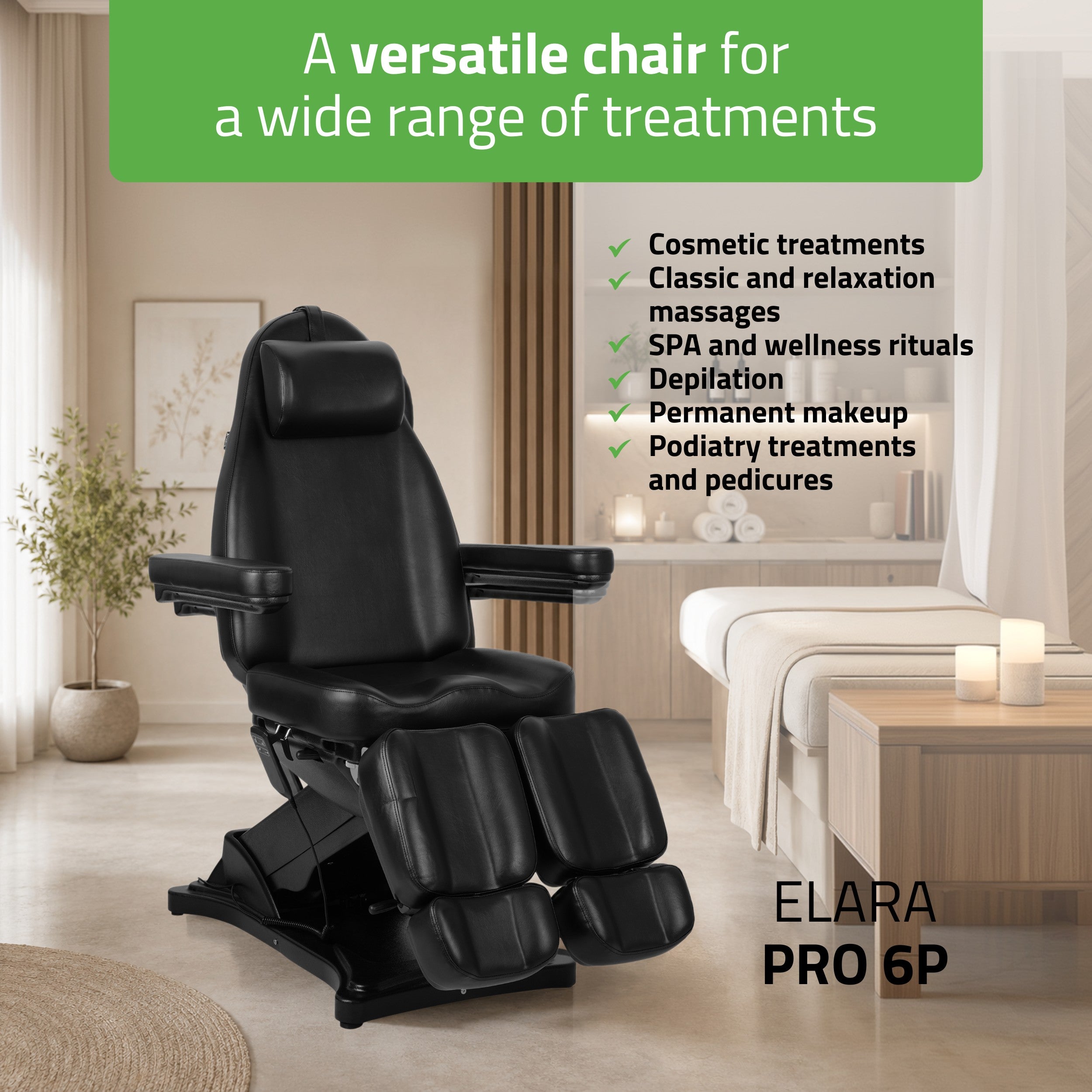 -1-Cosmetic treatment chair, electric Elara PRO 6P, black-1