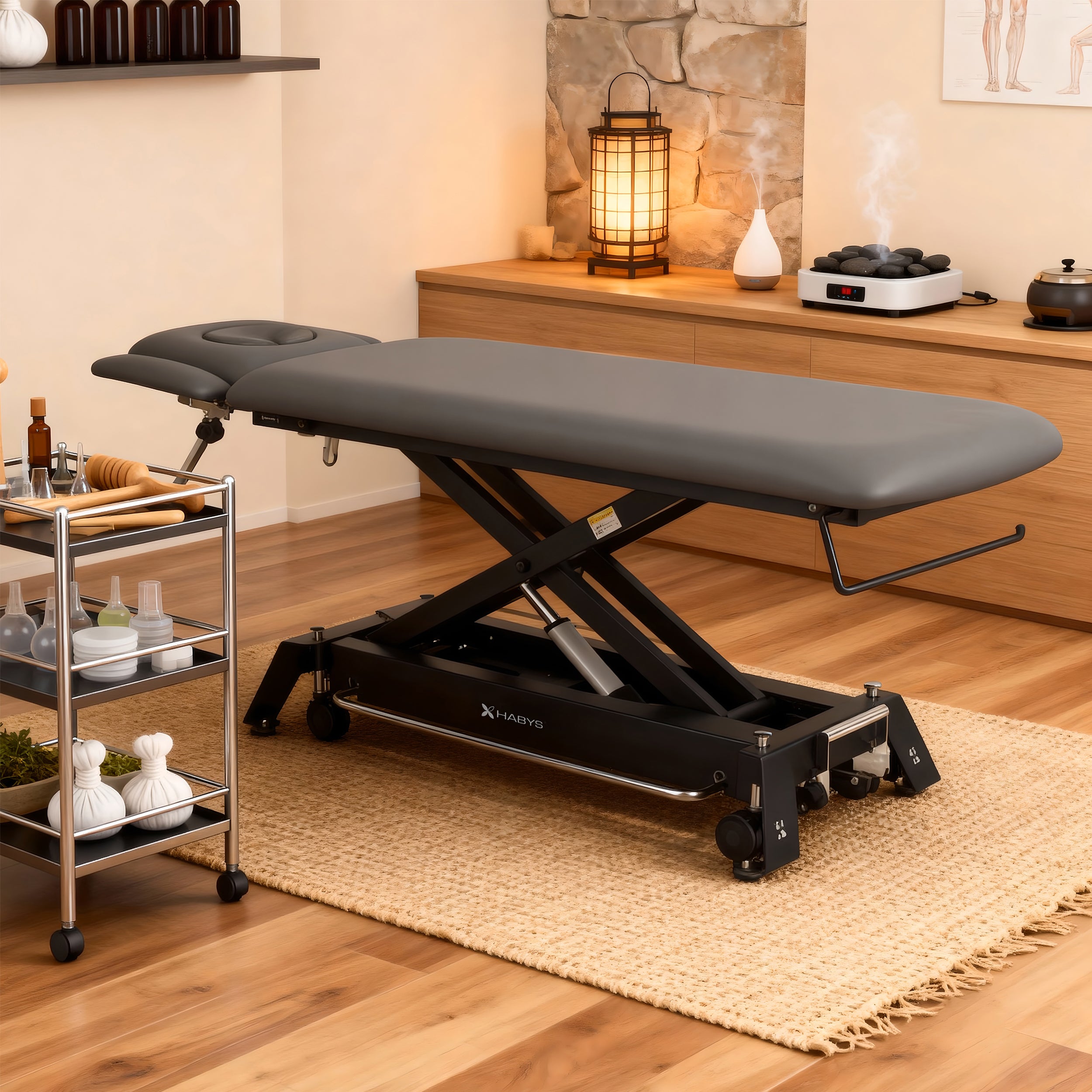 -1-Evero Cross X4 ERGO therapy table, electric height adjustment, foot control bar, ERGO cushion, Satin Comfort k722 gray-1