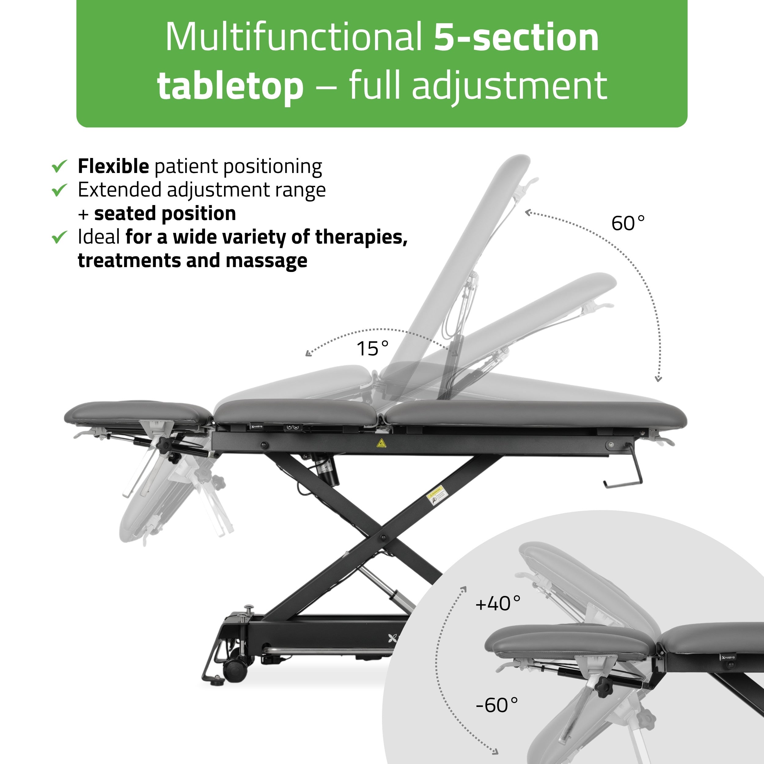 -3-Evero Cross X5 ERGO therapy table, electric height adjustment, foot control bar, ERGO cushion, Satin Comfort k722 gray-3