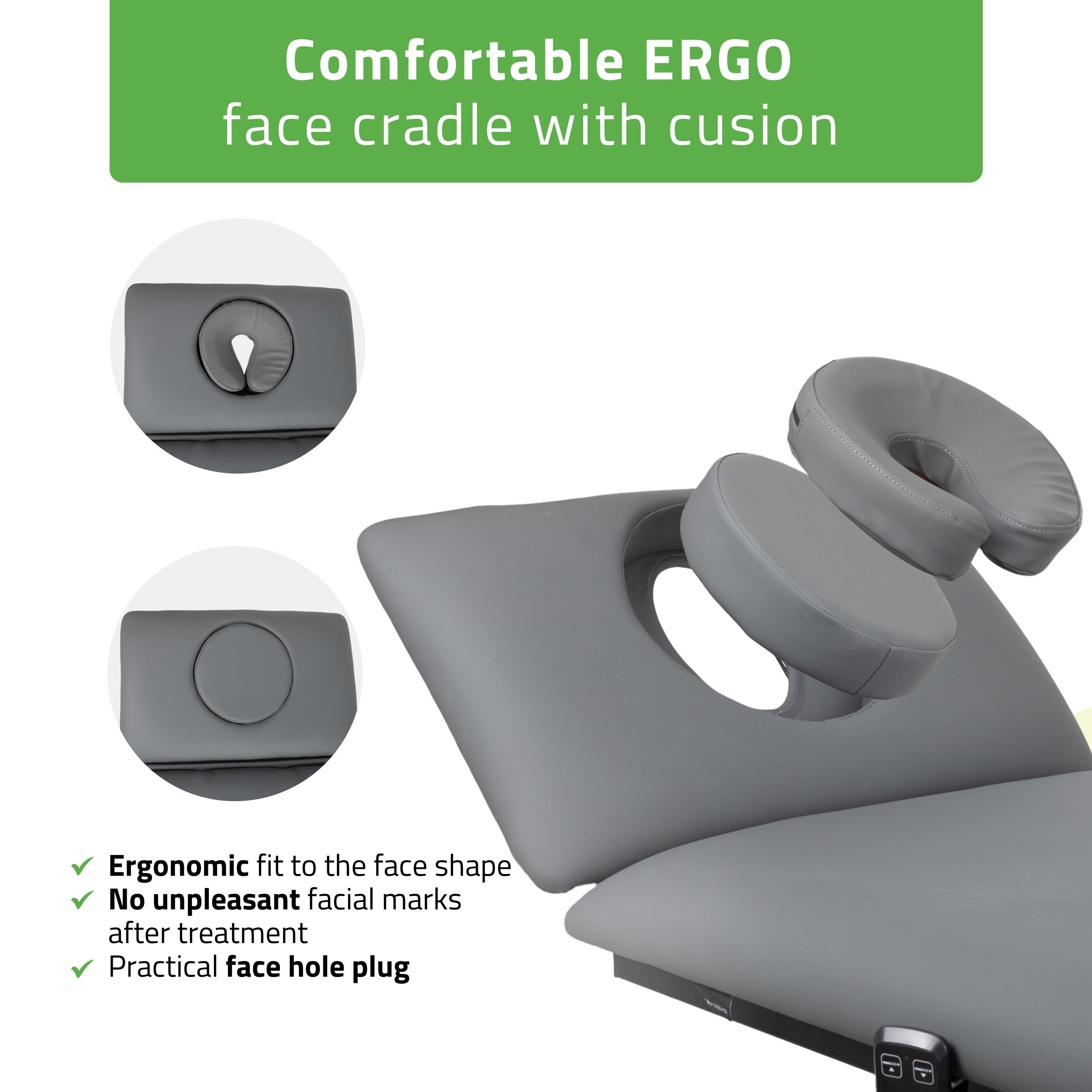 -2-Fortis 2 ERGO treatment table, electric height adjustment, hand remote control, ERGO face cushion, wheels, k722 Gray-2