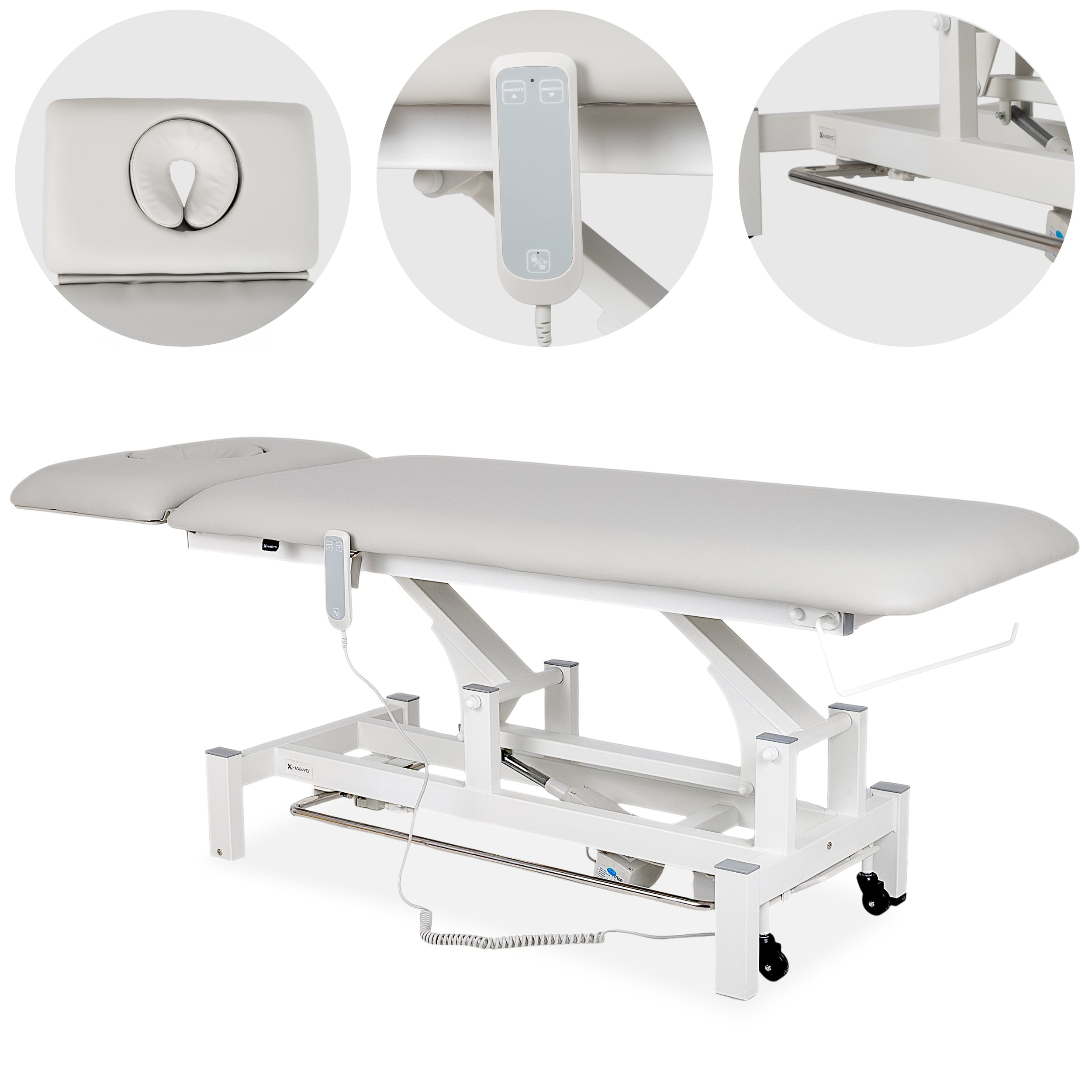 --Fortis 2 ERGO treatment table, electric height adjustment with foot control bar, ERGO cushion, k729 light gray-