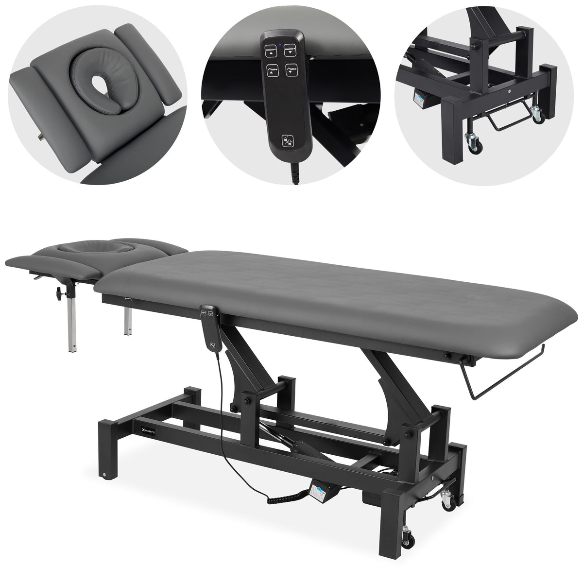 --Fortis 4 ERGO treatment table, electric height adjustment, hand remote control, ERGO face cushion, wheels, armrests k722 Gray-