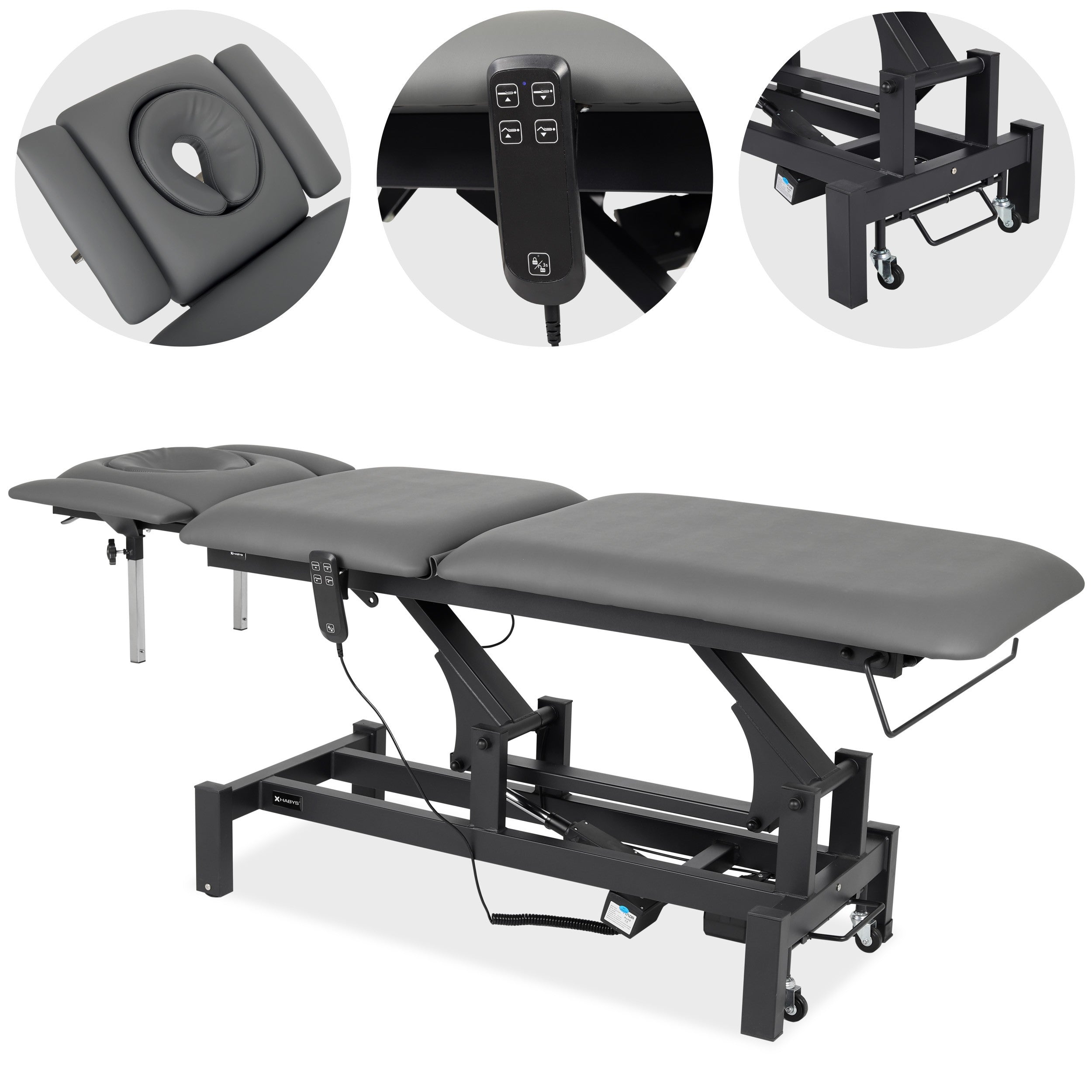 --Fortis 5 ERGO treatment table, electric adjustment, hand remote control, ERGO face cushion, wheels, armrests, k722 Gray-