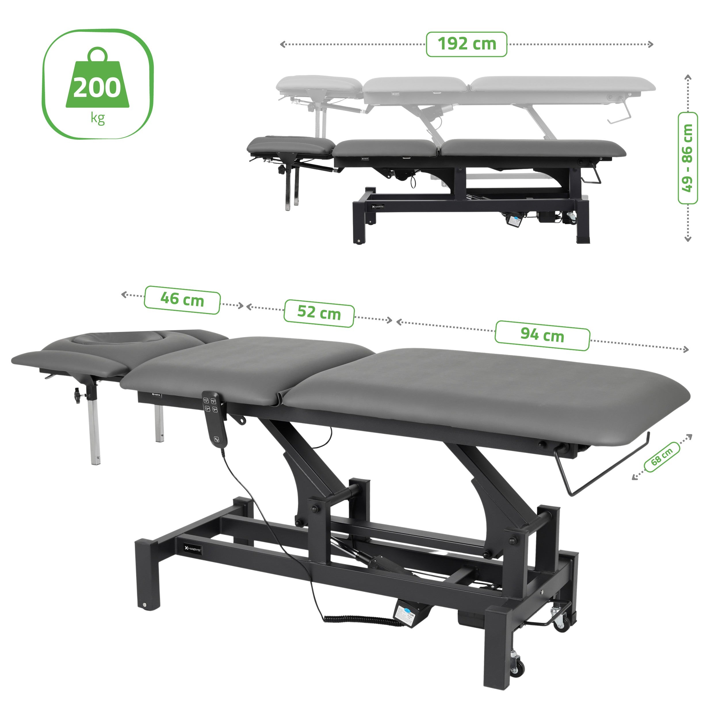 -10-Fortis 5 ERGO treatment table, electric adjustment, hand remote control, ERGO face cushion, wheels, armrests, k722 Gray-10