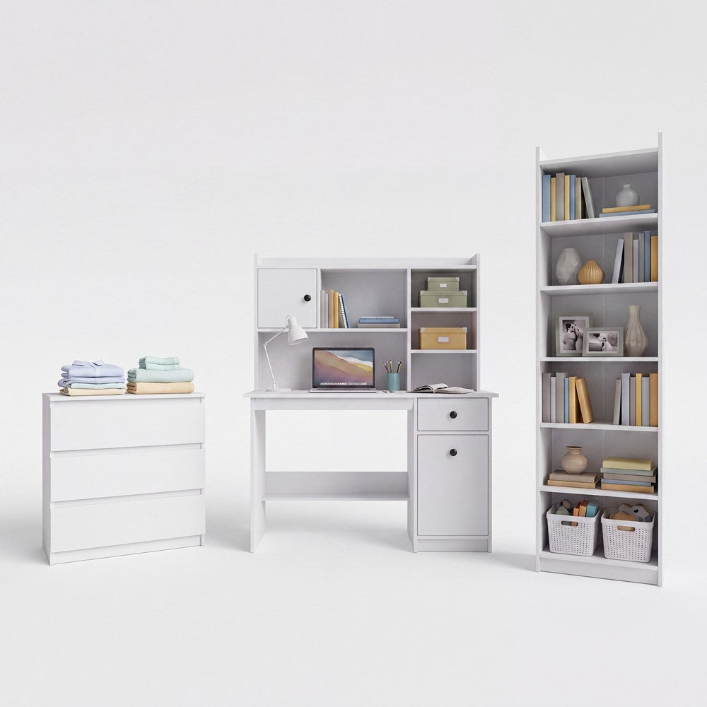 Conjunto de mobiliario de oficina Escritorio Chester + Estante superior 120 + Cajonera M3 + Estantería Rimini BLANCO