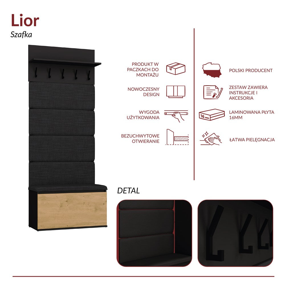 6-Wieszak + Szafka LIOR CZERŃ / DĄB ARTISAN Do Przedpokoju-6