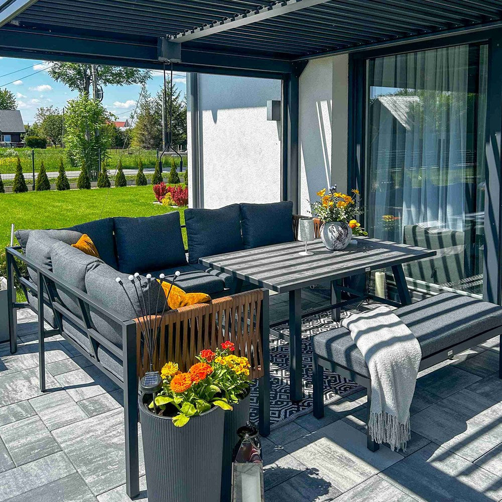 2-Zestaw Mebli Ogrodowych Jadalnianych TEXAS Narożny dla 6 Osób Sofa Stół Ławka SZARY-2