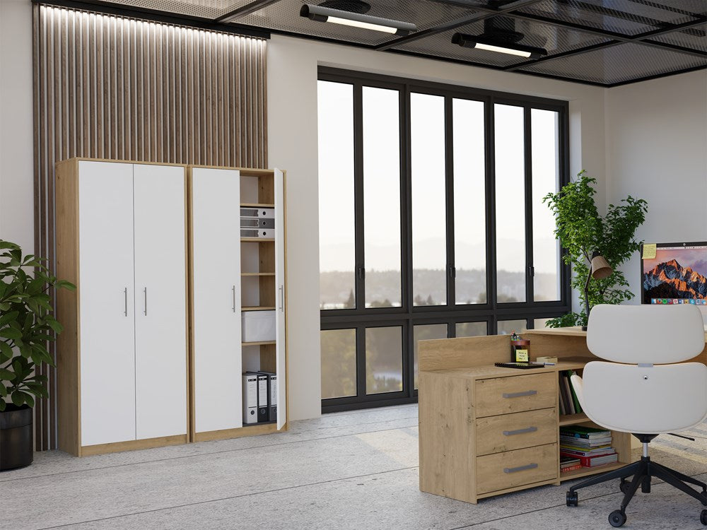 3-Regał Biurowy OLIV 2D 2 Drzwi Do Biura Do Gabinetu Salonu DĄB ARTISAN BIEL-3