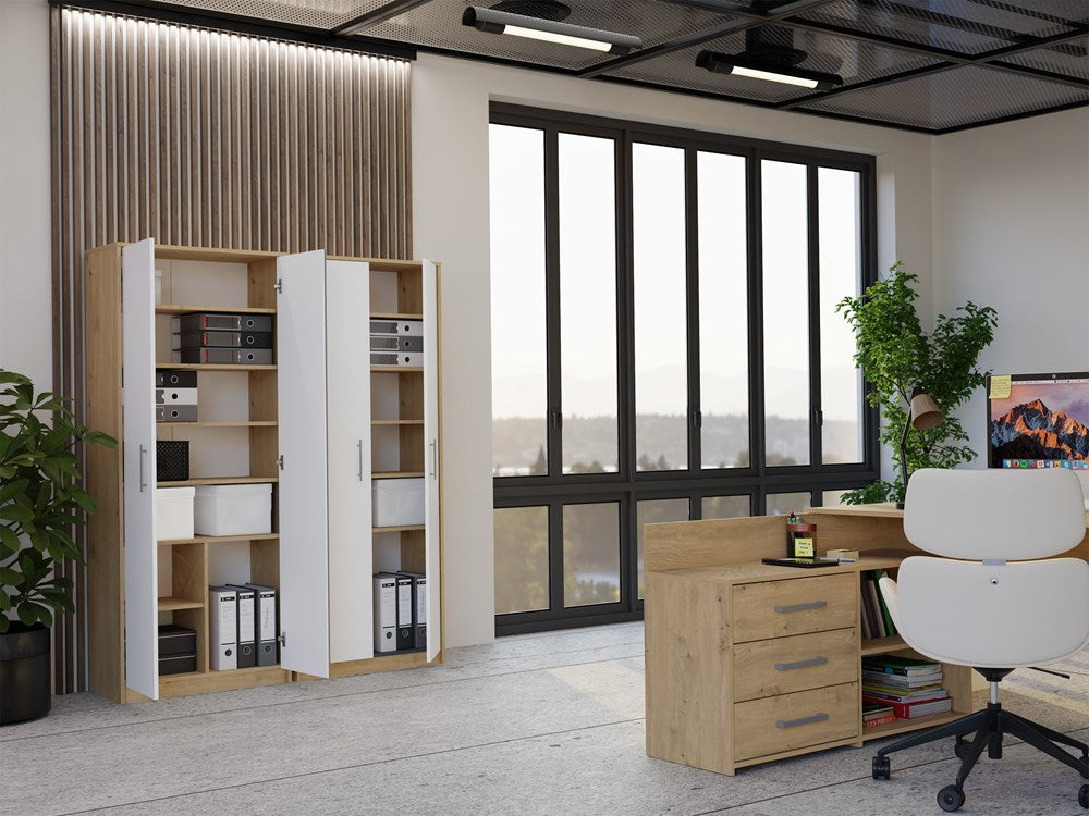 6-Regał Biurowy OLIV 2D 2 Drzwi Do Biura Do Gabinetu Salonu DĄB ARTISAN BIEL-6
