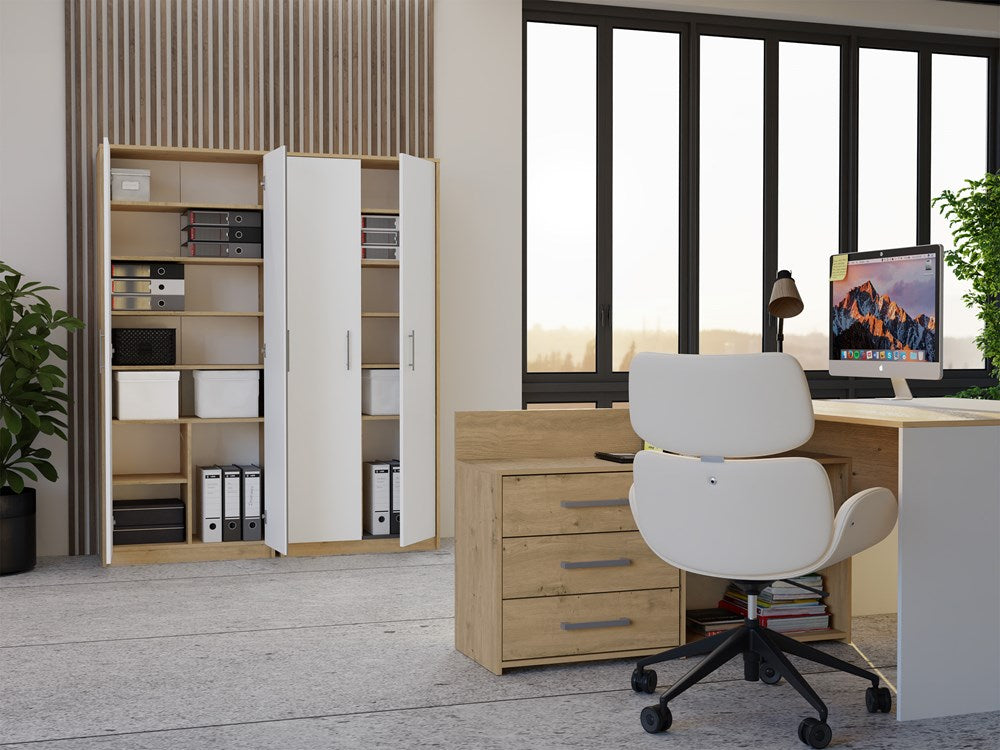 7-Regał Biurowy OLIV 2D 2 Drzwi Do Biura Do Gabinetu Salonu DĄB ARTISAN BIEL-7