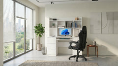 KUBA Desk with White Hutch + BLACK REMUS Chair Set of 6 Drawers