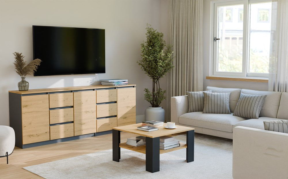 5-Stolik Kawowy Z Półką Pod Blatem SQUARE DĄB ARTISAN CZARNY Ława Do Salonu Pokoju-5