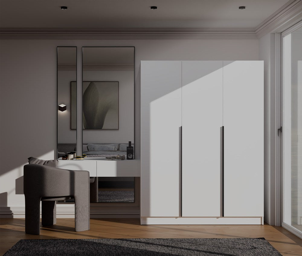 SENSO 3D Wardrobe 150 CM 3 Doors Black Handles for Living Room Bedroom WHITE