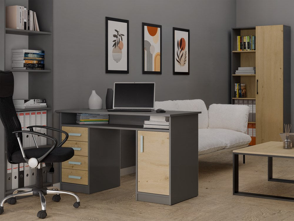 2-BIURKO ADA ANTRACYT DĄB ARTISAN 125 Cm 4 Szuflady Szafka Półki Do Biura Pokoju Na Laptop-2