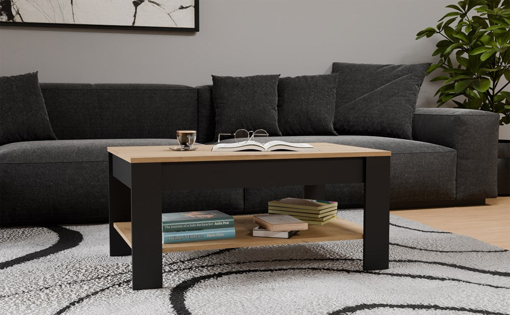 2-Stolik Kawowy OHIO DĄB ARTISAN CZARNY Ława Półki Do Salonu 93x58x43,5 Cm-2