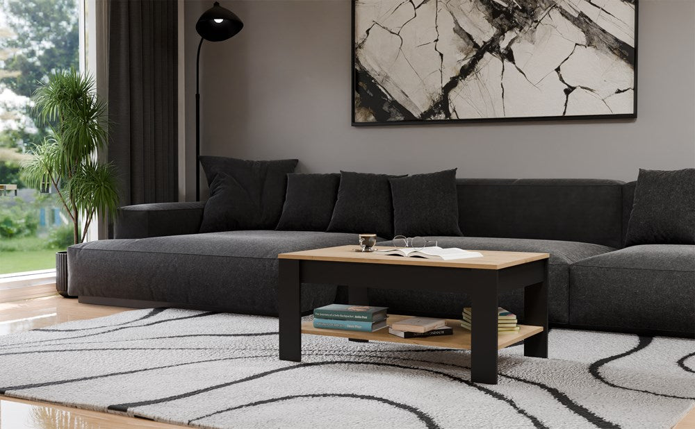 4-Stolik Kawowy OHIO DĄB ARTISAN CZARNY Ława Półki Do Salonu 93x58x43,5 Cm-4