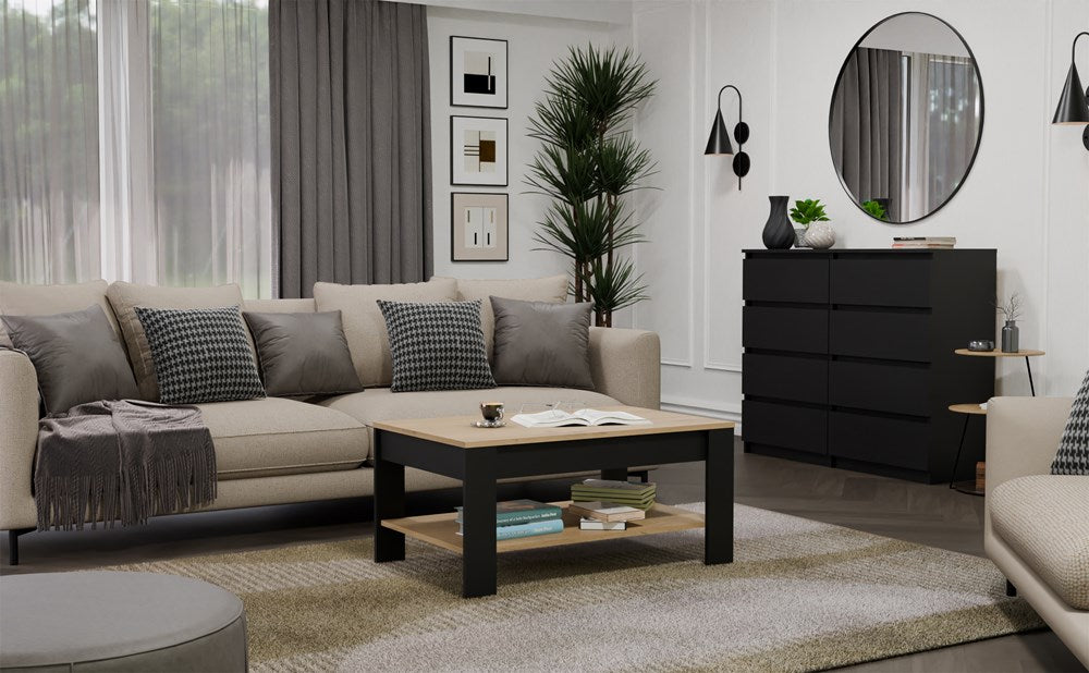 5-Stolik Kawowy OHIO DĄB ARTISAN CZARNY Ława Półki Do Salonu 93x58x43,5 Cm-5