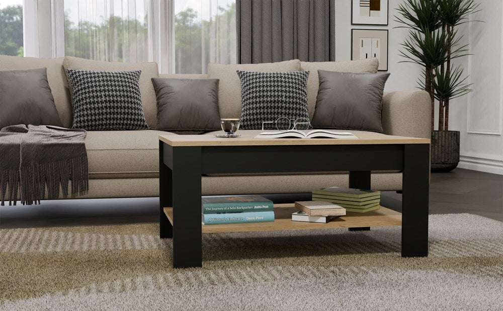 6-Stolik Kawowy OHIO DĄB ARTISAN CZARNY Ława Półki Do Salonu 93x58x43,5 Cm-6