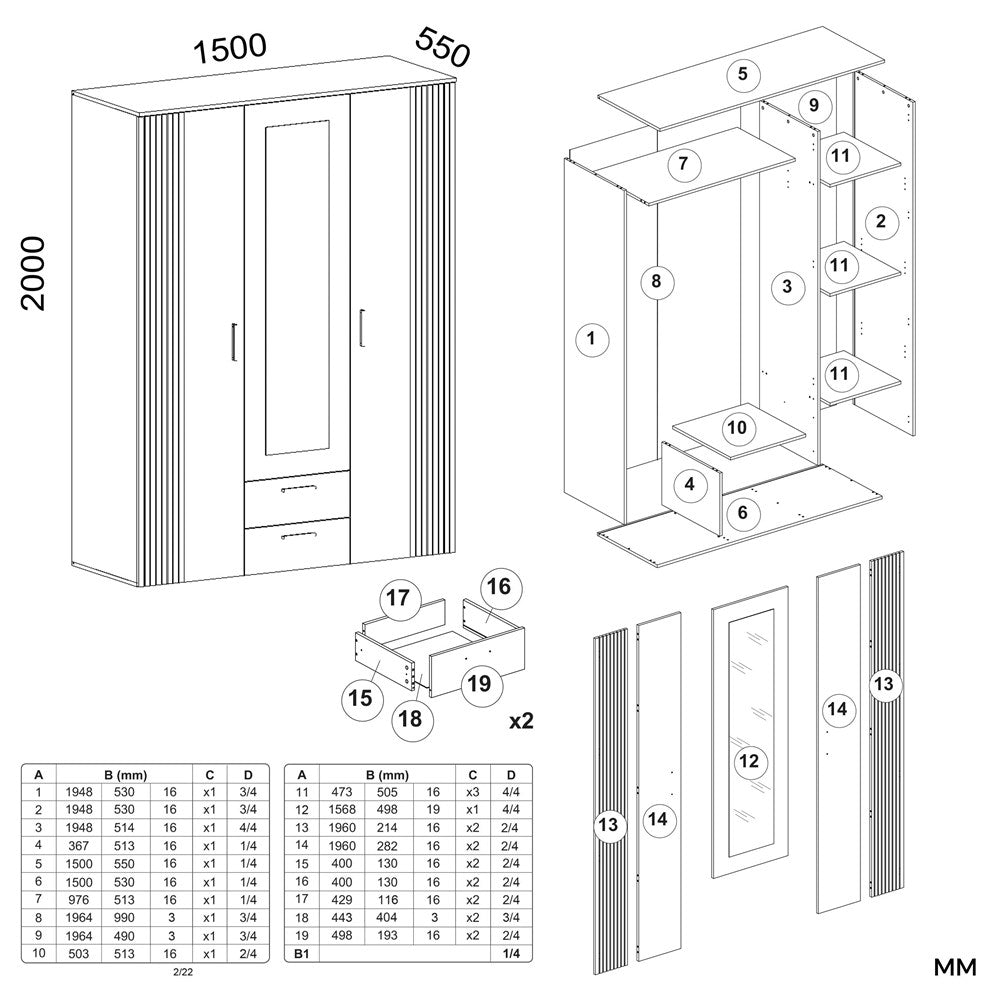 8-SZAFA AVA 150 CM LUSTRO 2 SZUFLADY RYFLOWANY FRONT DĄB EVOKE KASZMIR BEŻ-8