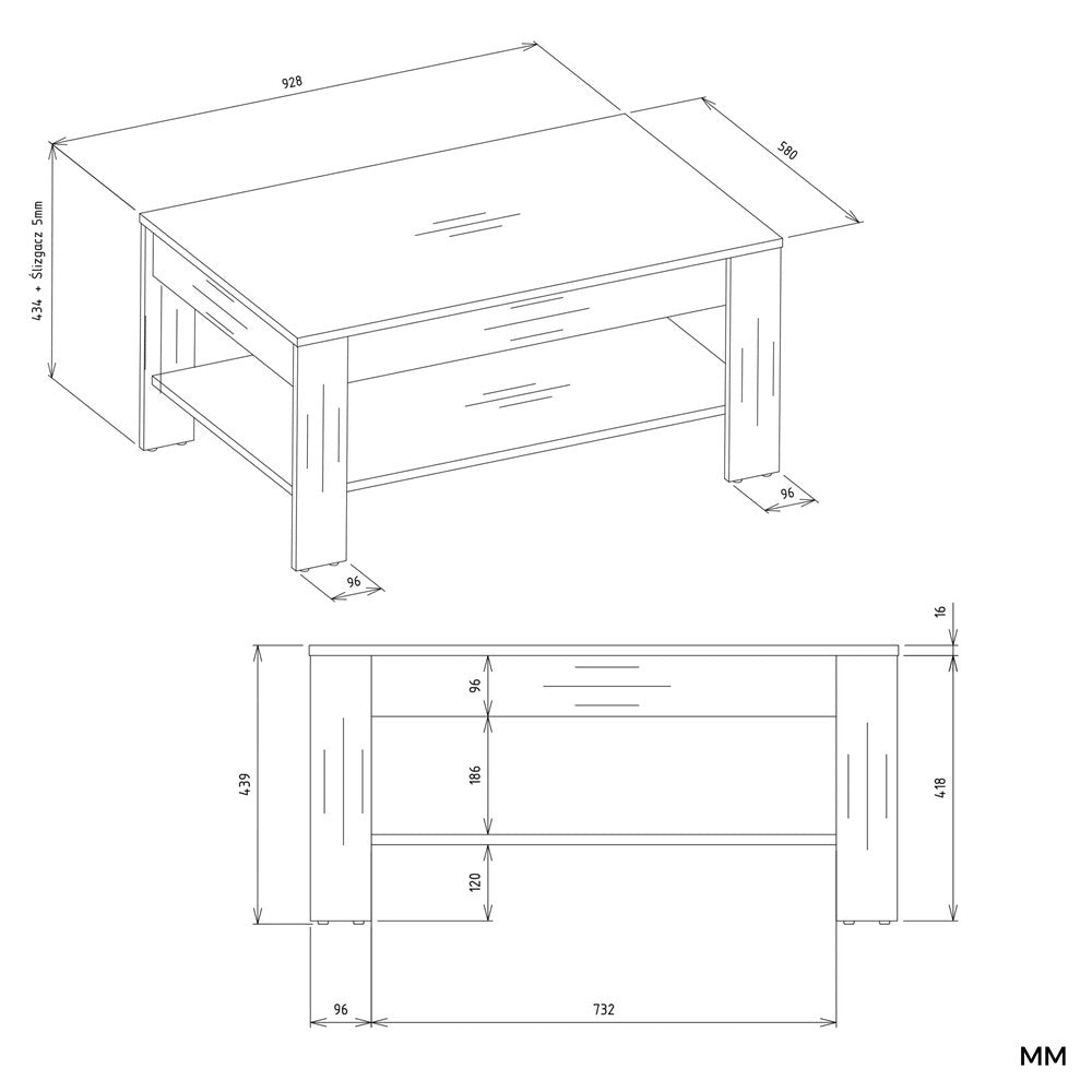 7-Stolik Kawowy OHIO DĄB ARTISAN CZARNY Ława Półki Do Salonu 93x58x43,5 Cm-7